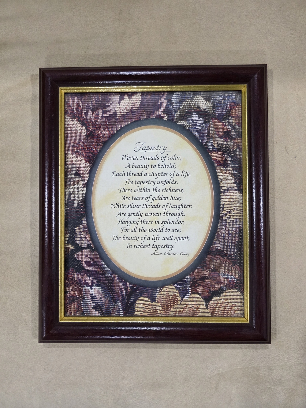 Framed Tapestry Poem Wall Art in Burgundy and Gold Home Interiors